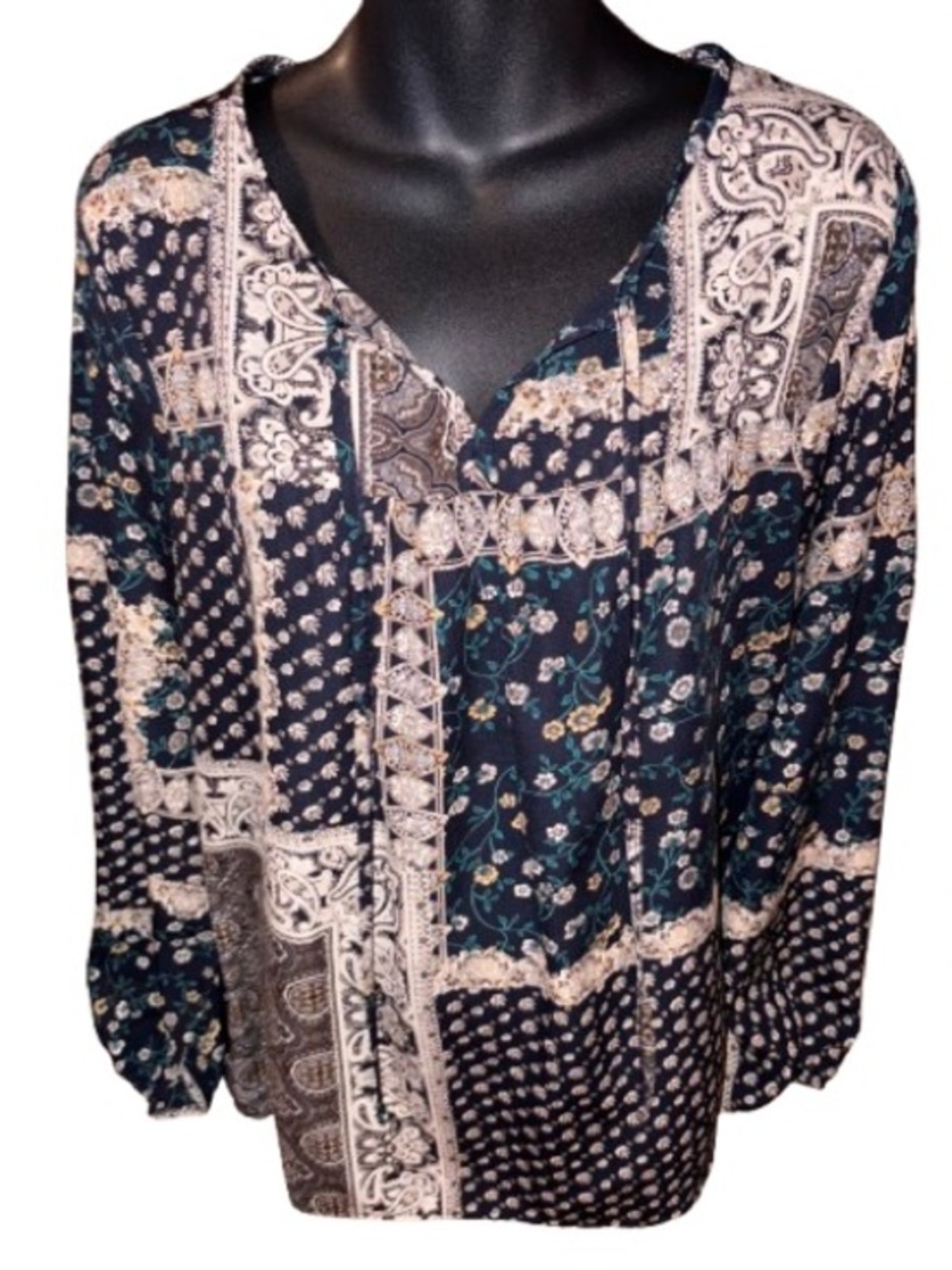 Homebody Boho Floral Patchwork Long Sleeve V-Neck Top size L